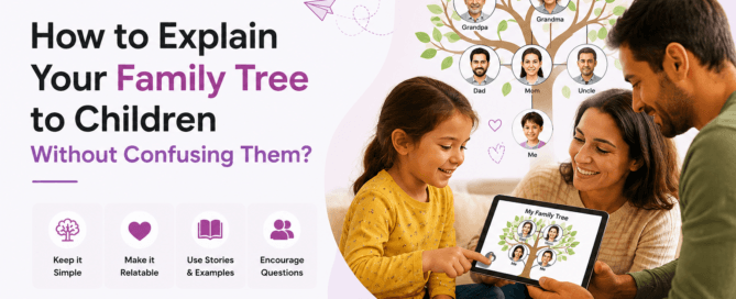 Parents explaining a family tree to a child using a digital family tree app