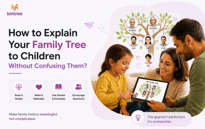 Parents explaining a family tree to a child using a digital family tree app